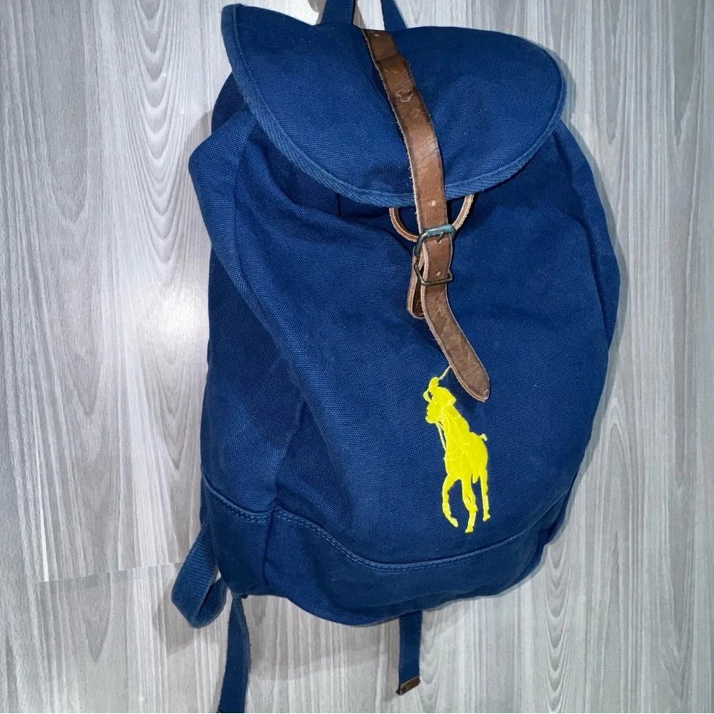 Vtg Polo Ralph Lauren Blue Backpack Embroidered‎ Yellow Pony Logo Canvas Leather